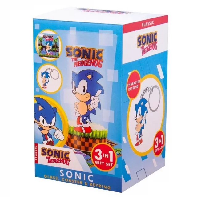 Zestaw prezentowy Sonic - szklanka, podstawka, breloczek